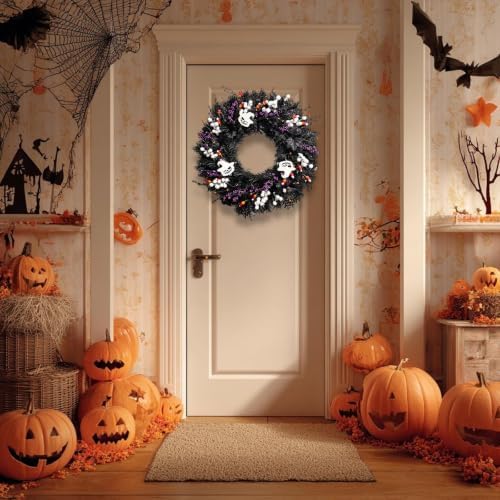 24 Inch Halloween Wreaths for Front Door, Halloween Door Wreath with White Wood Ghosts & Candy Corn, Black, alternate view 4