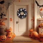 24 Inch Halloween Wreaths for Front Door, Halloween Door Wreath with White Wood Ghosts & Candy Corn, Black, alternate view 4