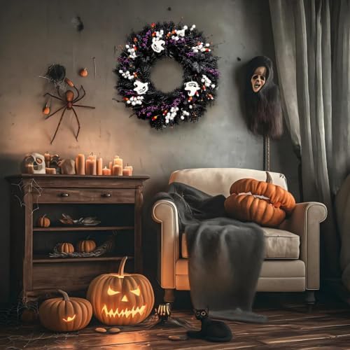 24 Inch Halloween Wreaths for Front Door, Halloween Door Wreath with White Wood Ghosts & Candy Corn, Black, alternate view 5
