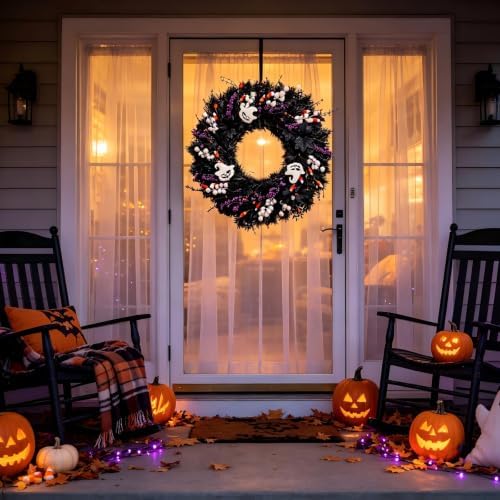 24 Inch Halloween Wreaths for Front Door, Halloween Door Wreath with White Wood Ghosts & Candy Corn, Black, alternate view 6