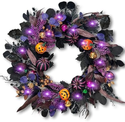 24 Inch Halloween Wreaths for Front Door with Lights, Pre-Lit Pumpkin Wreath, Spooky Ghost Wreath with Purple