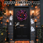 24 Inch Halloween Wreaths for Front Door with Lights, Pre-Lit Pumpkin Wreath, Spooky Ghost Wreath with Purple, alternate view
