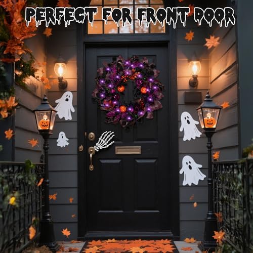 24 Inch Halloween Wreaths for Front Door with Lights, Pre-Lit Pumpkin Wreath, Spooky Ghost Wreath with Purple, alternate view