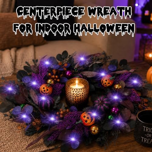 24 Inch Halloween Wreaths for Front Door with Lights, Pre-Lit Pumpkin Wreath, Spooky Ghost Wreath with Purple, alternate view
