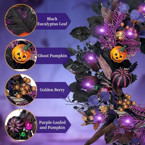 24 Inch Halloween Wreaths for Front Door with Lights, Pre-Lit Pumpkin Wreath, Spooky Ghost Wreath with Purple, alternate view