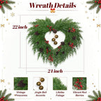 24 Inch Heart Artificial Christmas Wreath with Bronzed Bells, alternate view 2