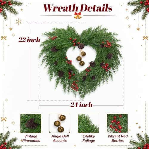 24 Inch Heart Artificial Christmas Wreath with Bronzed Bells, alternate view 2