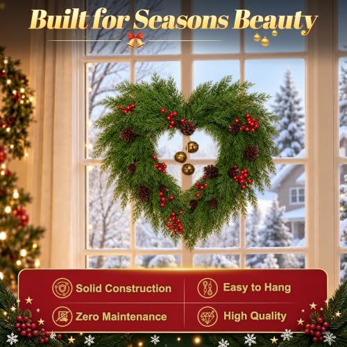24 Inch Heart Artificial Christmas Wreath with Bronzed Bells, alternate view 3