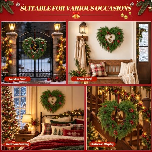 24 Inch Heart Artificial Christmas Wreath with Bronzed Bells, alternate view 5