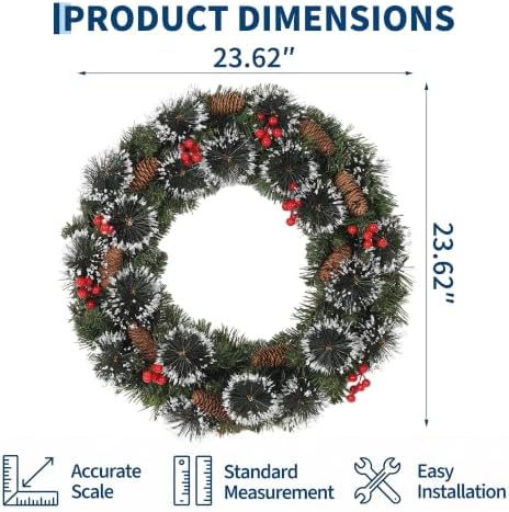 24 Inch Lighted Christmas Wreath, Snowy Pine for Front Door, alternate view 2