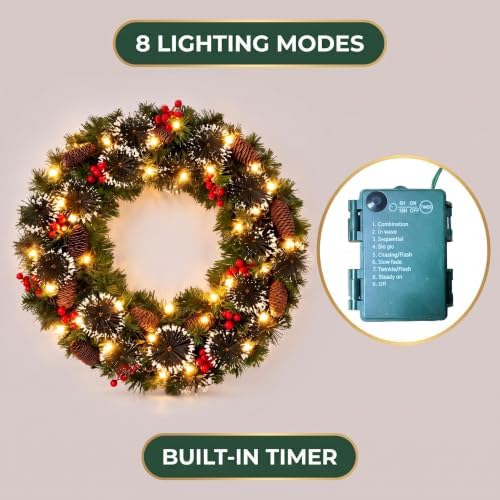24 Inch Lighted Christmas Wreath, Snowy Pine for Front Door, alternate view 5