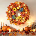 24 Inch Lighted Fall Wreath for Front Door Fall Door Wreath Artificial Maple Leaves Outdoor Autumn Hydrangea