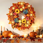 24 Inch Lighted Fall Wreath for Front Door Fall Door Wreath Artificial Maple Leaves Outdoor Autumn Hydrangea