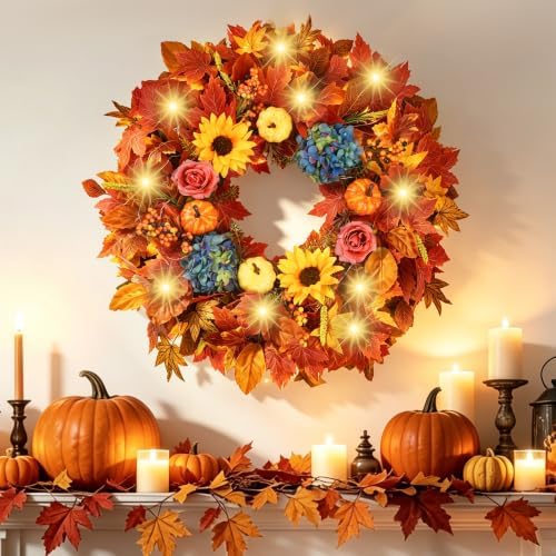 24 Inch Lighted Fall Wreath for Front Door Fall Door Wreath Artificial Maple Leaves Outdoor Autumn Hydrangea