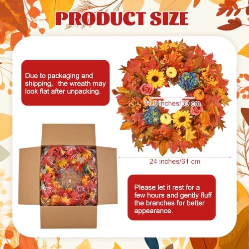 24 Inch Lighted Fall Wreath for Front Door Fall Door Wreath Artificial Maple Leaves Outdoor Autumn Hydrangea, alternate view