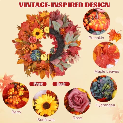 24 Inch Lighted Fall Wreath for Front Door Fall Door Wreath Artificial Maple Leaves Outdoor Autumn Hydrangea, alternate view