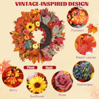 24 Inch Lighted Fall Wreath for Front Door Fall Door Wreath Artificial Maple Leaves Outdoor Autumn Hydrangea, alternate view