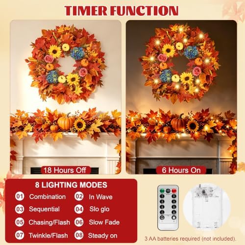24 Inch Lighted Fall Wreath for Front Door Fall Door Wreath Artificial Maple Leaves Outdoor Autumn Hydrangea, alternate view