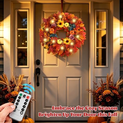 24 Inch Lighted Fall Wreath for Front Door Fall Door Wreath Artificial Maple Leaves Outdoor Autumn Hydrangea, alternate view