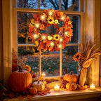 24 Inch Lighted Fall Wreath for Front Door Fall Door Wreath Artificial Maple Leaves Outdoor Autumn Hydrangea, alternate view