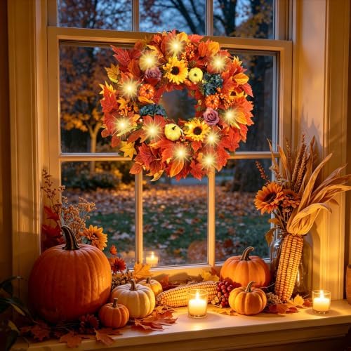24 Inch Lighted Fall Wreath for Front Door Fall Door Wreath Artificial Maple Leaves Outdoor Autumn Hydrangea, alternate view