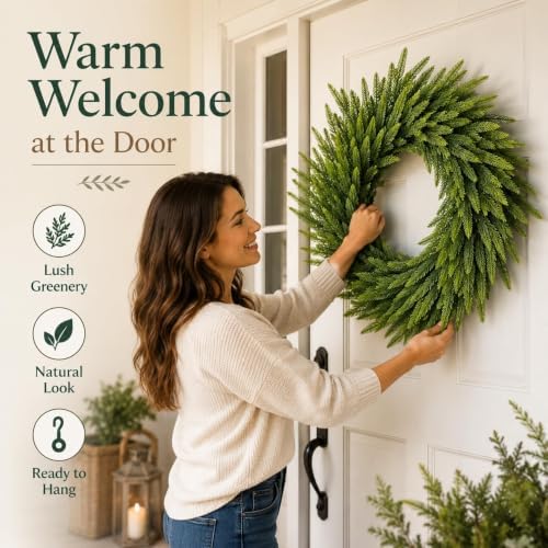 24 Inch Norfolk Pine Wreath, Christmas Front Door Decor, alternate view 2