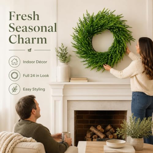 24 Inch Norfolk Pine Wreath, Christmas Front Door Decor, alternate view 4