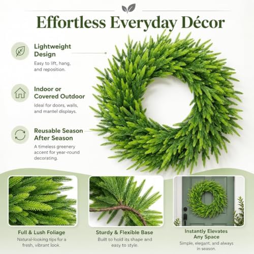 24 Inch Norfolk Pine Wreath, Christmas Front Door Decor, alternate view 5