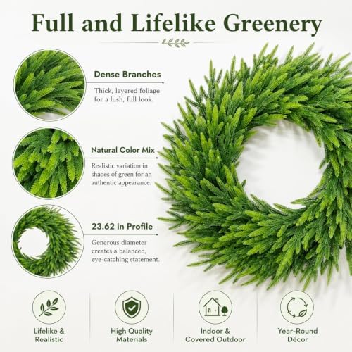 24 Inch Norfolk Pine Wreath, Christmas Front Door Decor, alternate view 6