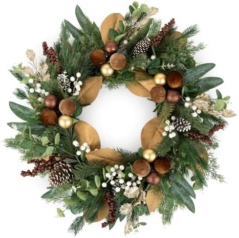 24 Inch Prelit Christmas Wreaths for Front Door, Gold and Brown