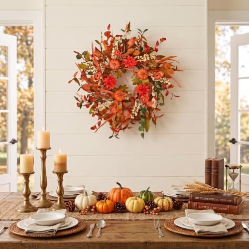 24 Inch Pumpkin Fall Wreath for Front Door with Berry & Mixed Leaves, alternate view 2