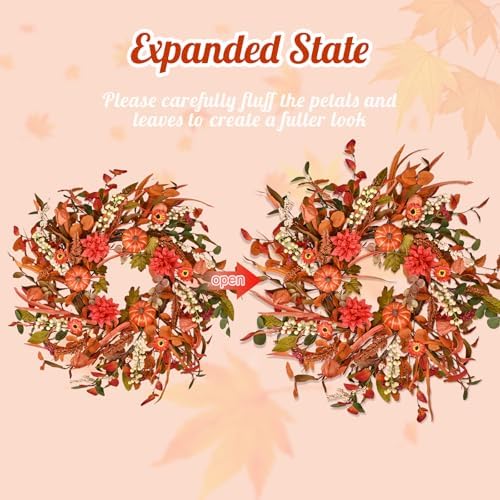 24 Inch Pumpkin Fall Wreath for Front Door with Berry & Mixed Leaves, alternate view 4
