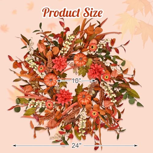 24 Inch Pumpkin Fall Wreath for Front Door with Berry & Mixed Leaves, alternate view 5