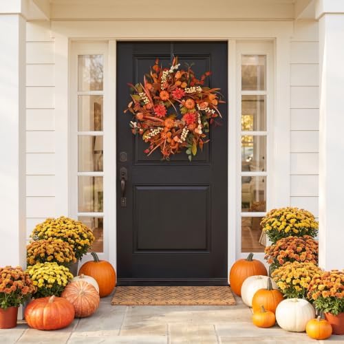 24 Inch Pumpkin Fall Wreath for Front Door with Berry & Mixed Leaves, alternate view 6
