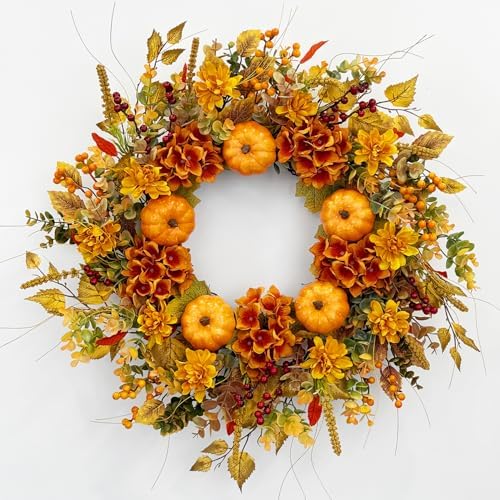 24 Inch Pumpkin Wreath Fall Wreaths for Front Door with Hydrangeas