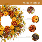 24 Inch Pumpkin Wreath Fall Wreaths for Front Door with Hydrangeas, alternate view 3