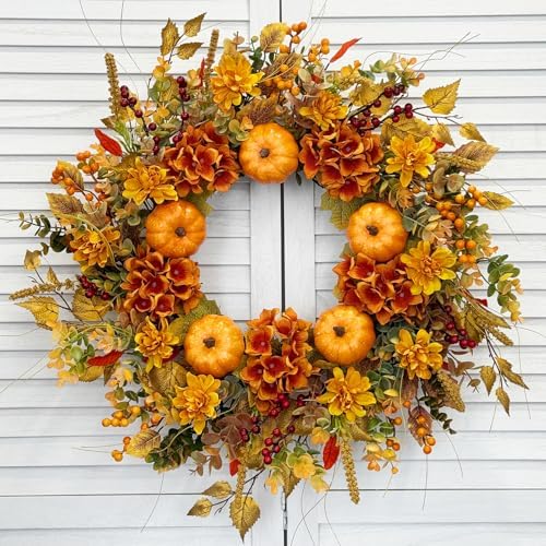 24 Inch Pumpkin Wreath Fall Wreaths for Front Door with Hydrangeas, alternate view 4