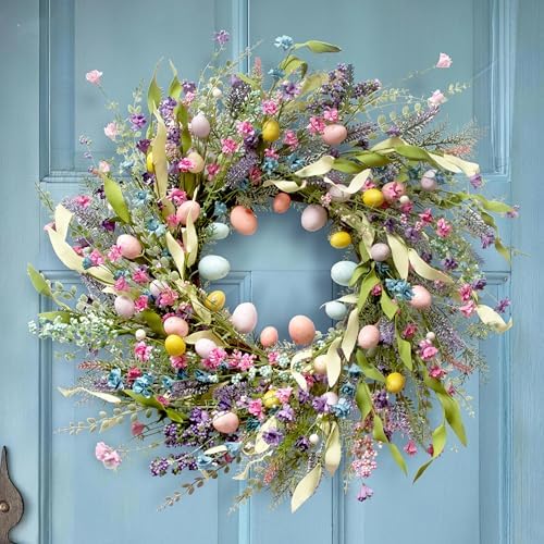 24 Inch Spring Easter Wreath for Front Door with Colorful Egg & Flower
