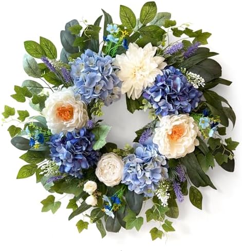 24 Inch Spring Wreaths for Front Door, Spring Summer Door Wreath with Blue Hydrangea White Peony Flower Wreath