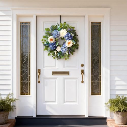 24 Inch Spring Wreaths for Front Door, Spring Summer Door Wreath with Blue Hydrangea White Peony Flower Wreath, alternate