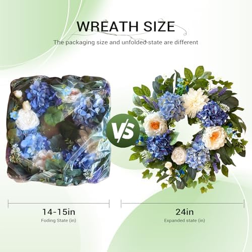 24 Inch Spring Wreaths for Front Door, Spring Summer Door Wreath with Blue Hydrangea White Peony Flower Wreath, alternate