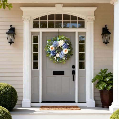 24 Inch Spring Wreaths for Front Door, Spring Summer Door Wreath with Blue Hydrangea White Peony Flower Wreath, alternate
