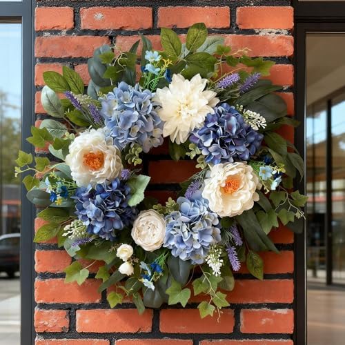 24 Inch Spring Wreaths for Front Door, Spring Summer Door Wreath with Blue Hydrangea White Peony Flower Wreath, alternate