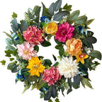 24 Inch Spring Wreaths for Front Door, Spring Wreaths, Spring Summer Door Wreaths with Yellow and Pink Dahlia