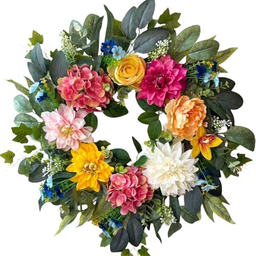 24 Inch Spring Wreaths for Front Door, Spring Wreaths, Spring Summer Door Wreaths with Yellow and Pink Dahlia