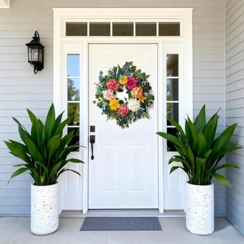 24 Inch Spring Wreaths for Front Door, Spring Wreaths, Spring Summer Door Wreaths with Yellow and Pink Dahlia, alternate view