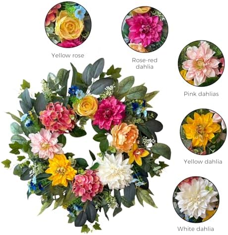 24 Inch Spring Wreaths for Front Door, Spring Wreaths, Spring Summer Door Wreaths with Yellow and Pink Dahlia, alternate view