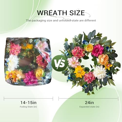 24 Inch Spring Wreaths for Front Door, Spring Wreaths, Spring Summer Door Wreaths with Yellow and Pink Dahlia, alternate view