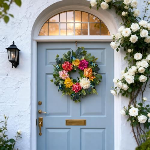 24 Inch Spring Wreaths for Front Door, Spring Wreaths, Spring Summer Door Wreaths with Yellow and Pink Dahlia, alternate view