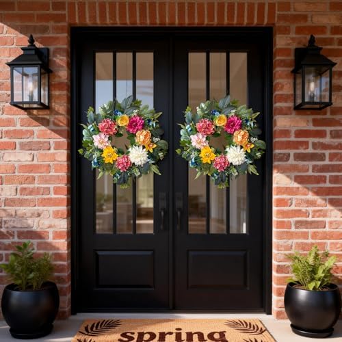 24 Inch Spring Wreaths for Front Door, Spring Wreaths, Spring Summer Door Wreaths with Yellow and Pink Dahlia, alternate view